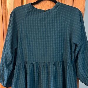 Teal Check Midi Dress with Gathered Waist